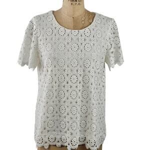 Jones NY white lace short lace sleeve top M fairy romantic grandmacore